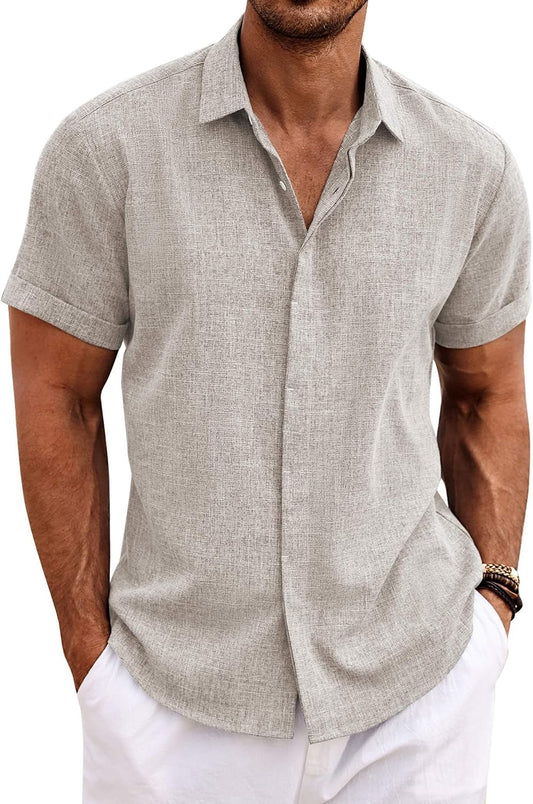 HOTCOOFANDY Men's Linen Shirts Short Sleeve Casual Shirts Button Down Shirt for Men Beach Summer Wedding Shirt