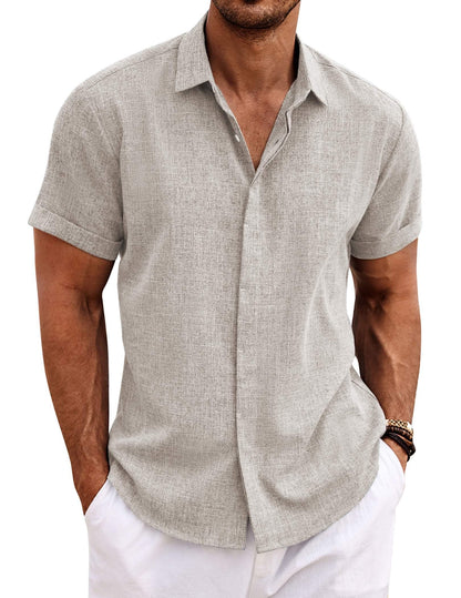 HOTCOOFANDY Men's Linen Shirts Short Sleeve Casual Shirts Button Down Shirt for Men Beach Summer Wedding Shirt