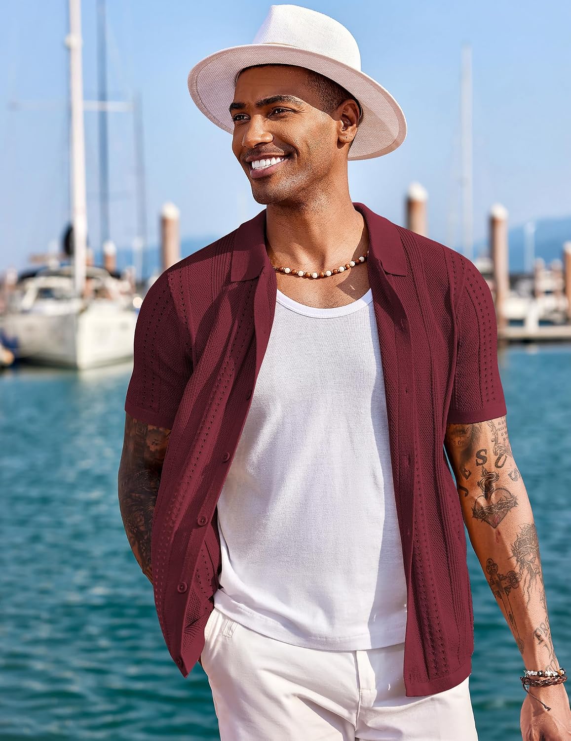 HOTCOOFANDY Men's Knit Shirts Short Sleeve Button Down Polo Shirt Fashion Casual Summer Beach Shirts