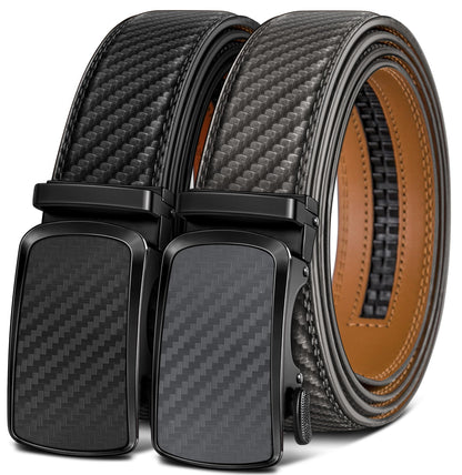HOTBULLIANT Men's Ratchet Leather Belt Trimmable 2Pack 1 3/8"-Gift Boxed | Smooth Sliding | Precise Fit | Tailored Size | Holeless for Dress or Casual