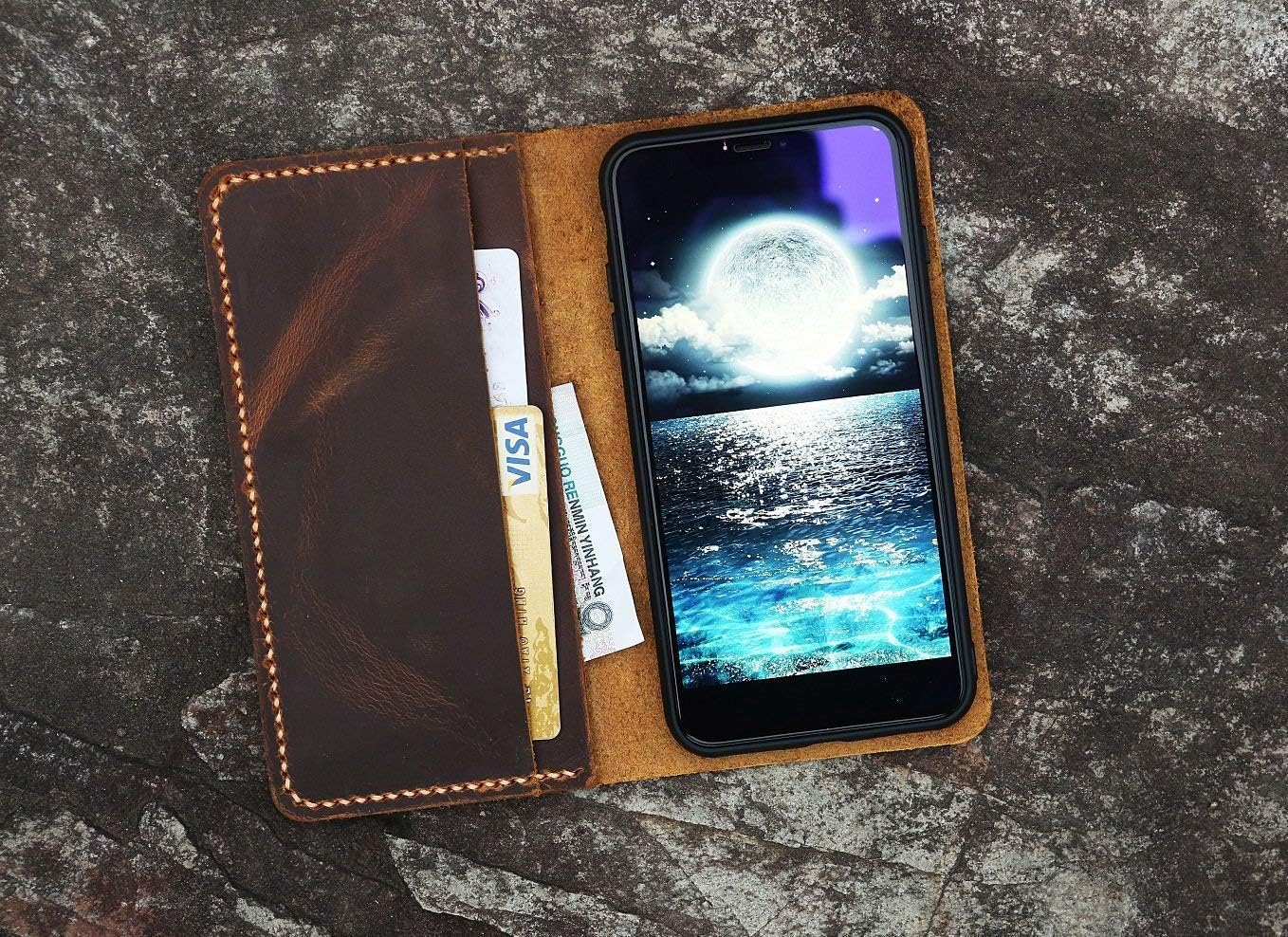 HOTDistressed vintage brown leather wallet case for iPhone 17 16 15 14 13 Pro Max/real leather Wallet Case Compatible with iPhone 17 16 15 14 Plus -IP005W