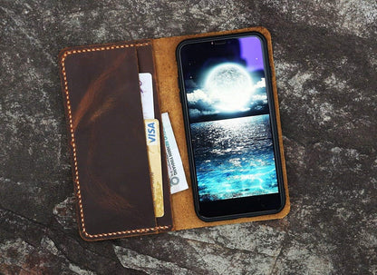 HOTDistressed vintage brown leather wallet case for iPhone 17 16 15 14 13 Pro Max/real leather Wallet Case Compatible with iPhone 17 16 15 14 Plus -IP005W