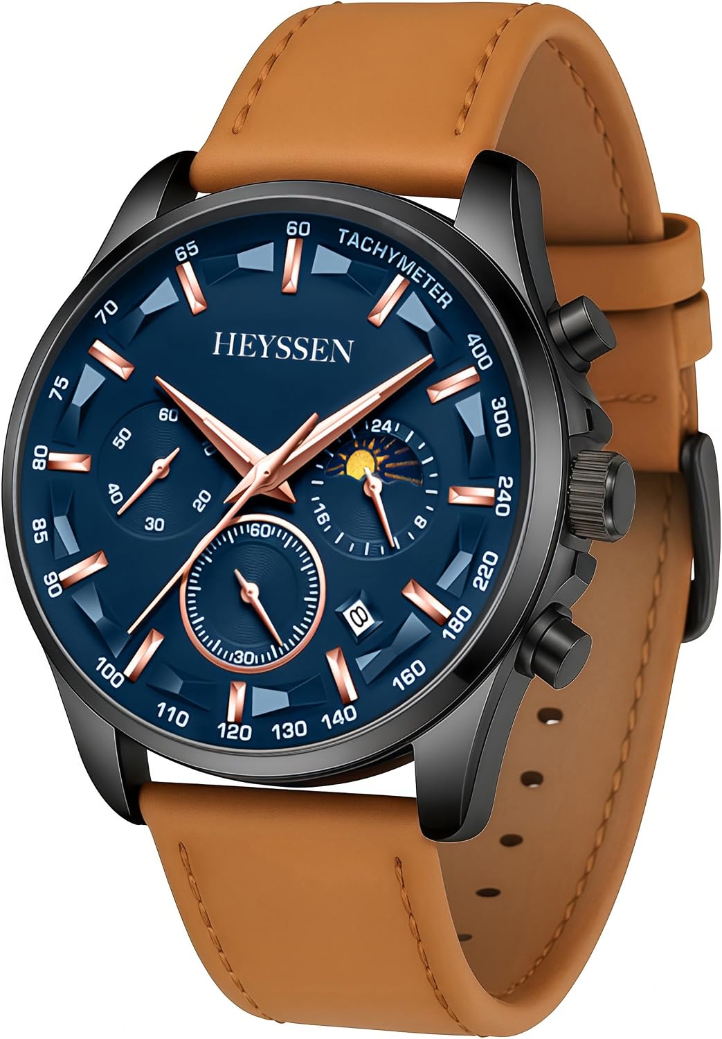 HOTWatches for Men Chronograph Analog Luminous Quartz Watch Blue Black Luxury Genuine Leather Mens Watches Business Sports Waterproof Wristwatch Elegant Gift for Him