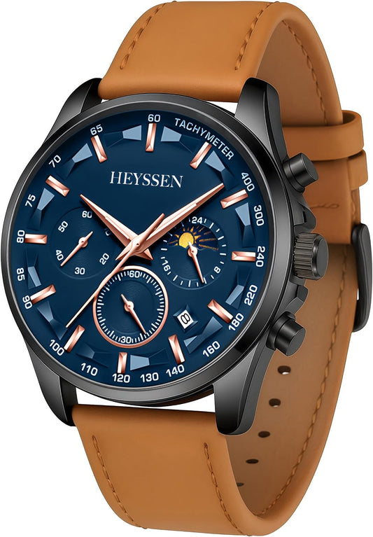 HOTWatches for Men Chronograph Analog Luminous Quartz Watch Blue Black Luxury Genuine Leather Mens Watches Business Sports Waterproof Wristwatch Elegant Gift for Him