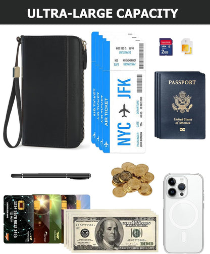 HOTLarge Capacity Travel Wallet for Women,RFID Blocking Zipper Wallet with AirTag Slot,Passport Holder Clutch with Wristlet（Black）