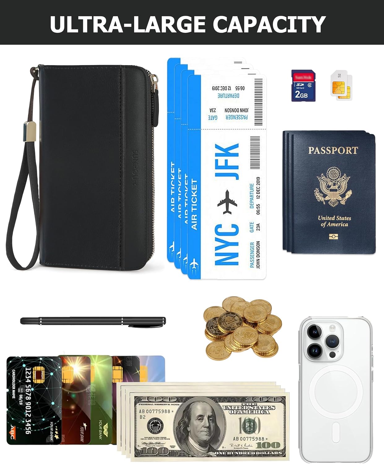 HOTLarge Travel Wallet for Women | RFID Zipper Wallet with AirTag Slot,Passport Holder Clutch with Wristlet