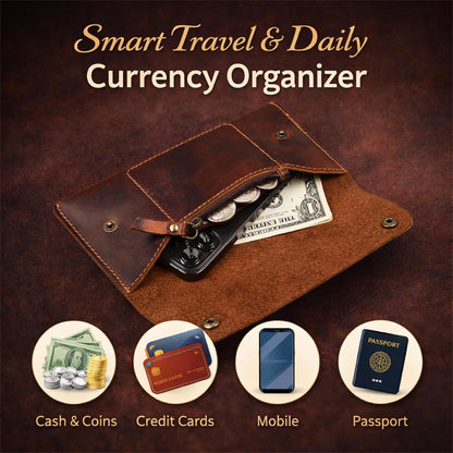 HOTLeather Money Bag Currency Organiser Pouch, Dollar Bills Holder, Bills Organizer with Mobile Pocket, Money Envelope For Men and Women (Brown)