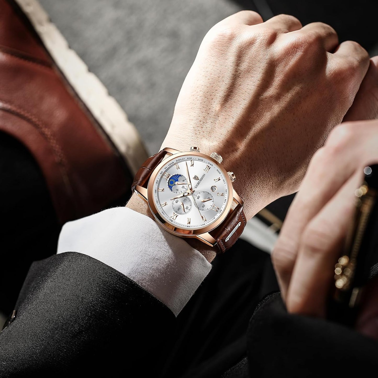 HOTLIGE Chronograph Watch for Men Wrist Leather Analog Dress Waterproof Vintage Work Casual Unique Retro Quartz Date Moon Phase Display Luminous 3ATM Water Resistant Mens Watches
