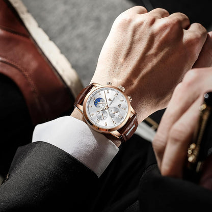 HOTLIGE Chronograph Watch for Men Wrist Leather Analog Dress Waterproof Vintage Work Casual Unique Retro Quartz Date Moon Phase Display Luminous 3ATM Water Resistant Mens Watches