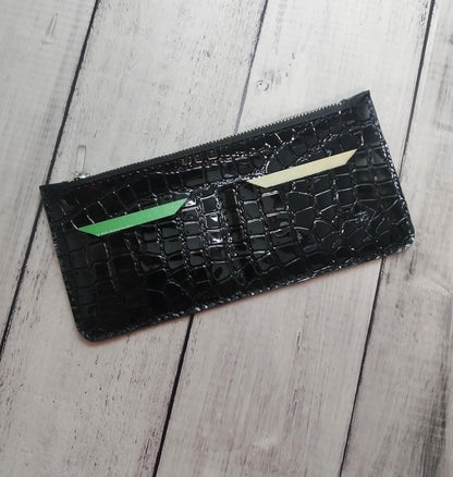 HOTINGVARR Unique Patent Slim Leather Wallet for Women | Crocodile Embossed Genuine Leather | Gift for Her | Handmade Wallet with Card Slots and Coin Pocket | Black