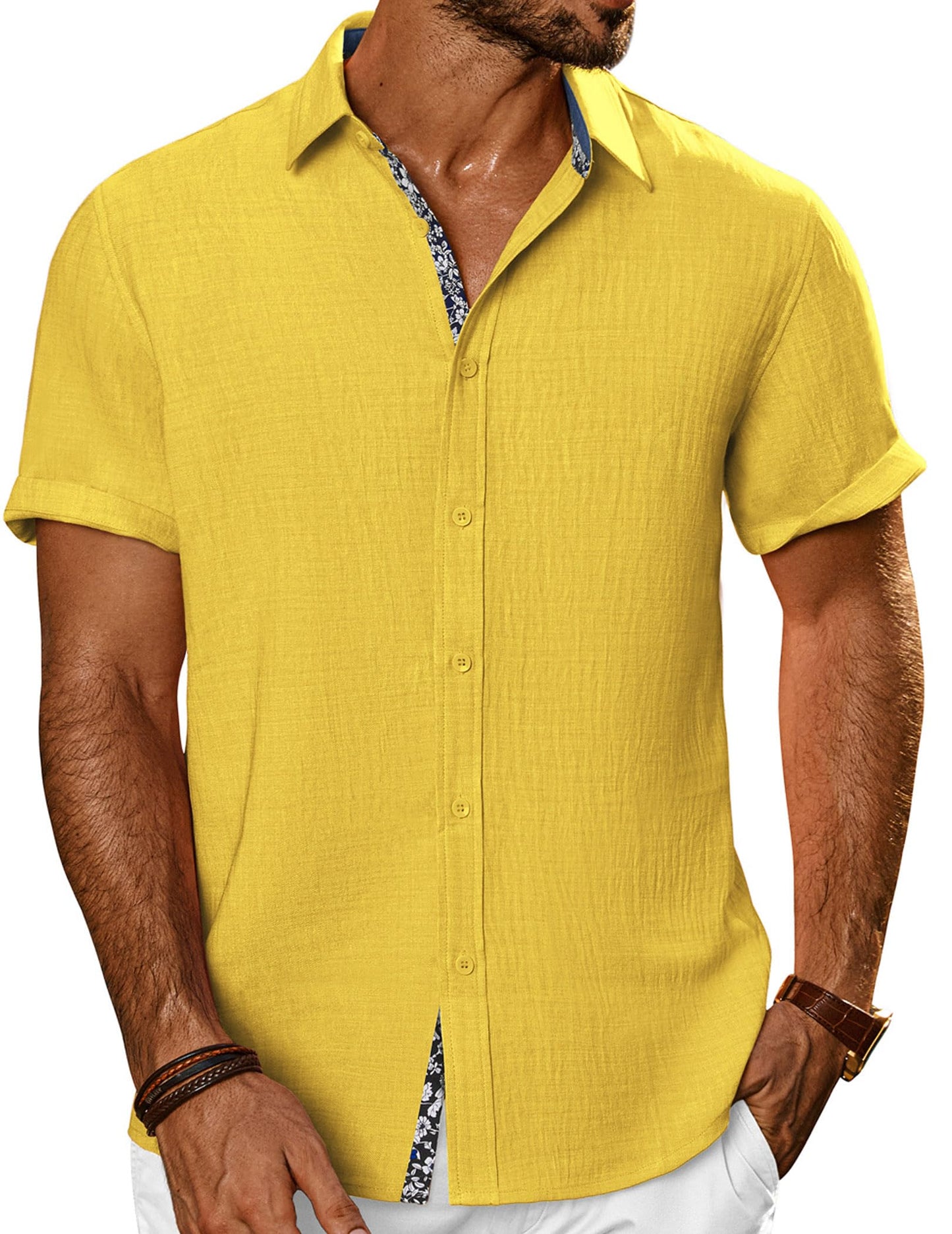 HOTPJ PAUL JONES Mens Short Sleeve Button Down Shirts Casual Summer Clothing | Linen Textured, Summer Beach Vacation Tops, Untucked Dress Shirt, Lightweight, Regular Fit, Fashion Resort Wear