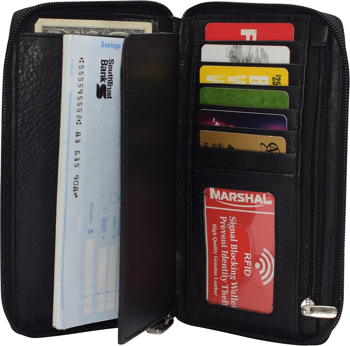 HOTMARSHAL Genuine Leather Checkbook Cover Zippered (RFID Black)