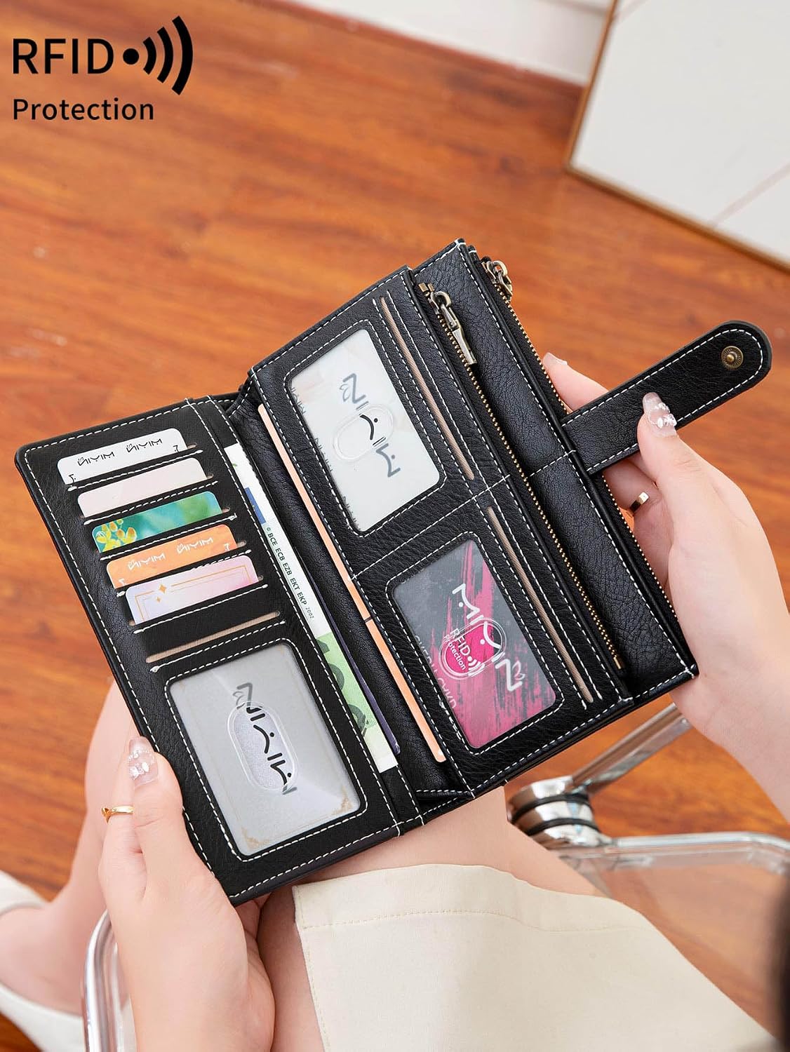 HOTRFID Blocking PU Leather Wallet for Women - Slim Bifold with 16 Card Slots & Zipper Pocket, Compact Designer Purse with Smooth Double Zipper Design
