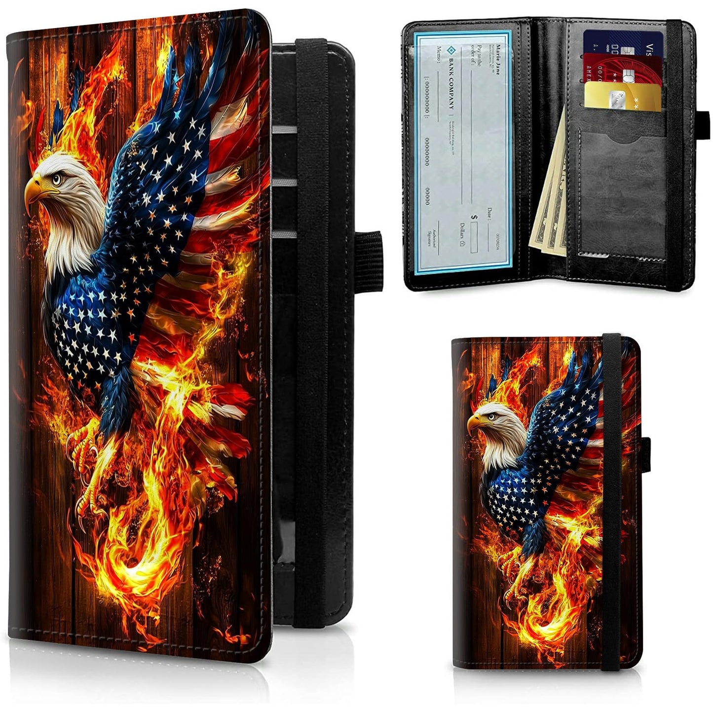 HOTFUYOCWE Leather Checkbook Cover for Men Women Check book Holder Cover for Personal Checkbook Checks with RFID Blocking & Elastic Strap-Bald Eagle with Flag