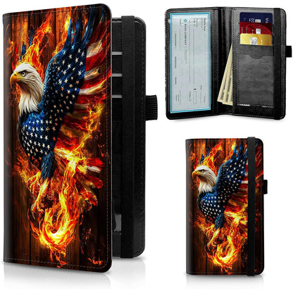 HOTFUYOCWE Leather Checkbook Cover for Men Women Check book Holder Cover for Personal Checkbook Checks with RFID Blocking & Elastic Strap-Bald Eagle with Flag