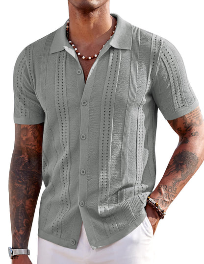 HOTCOOFANDY Men's Knit Shirts Short Sleeve Button Down Polo Shirt Fashion Casual Summer Beach Shirts