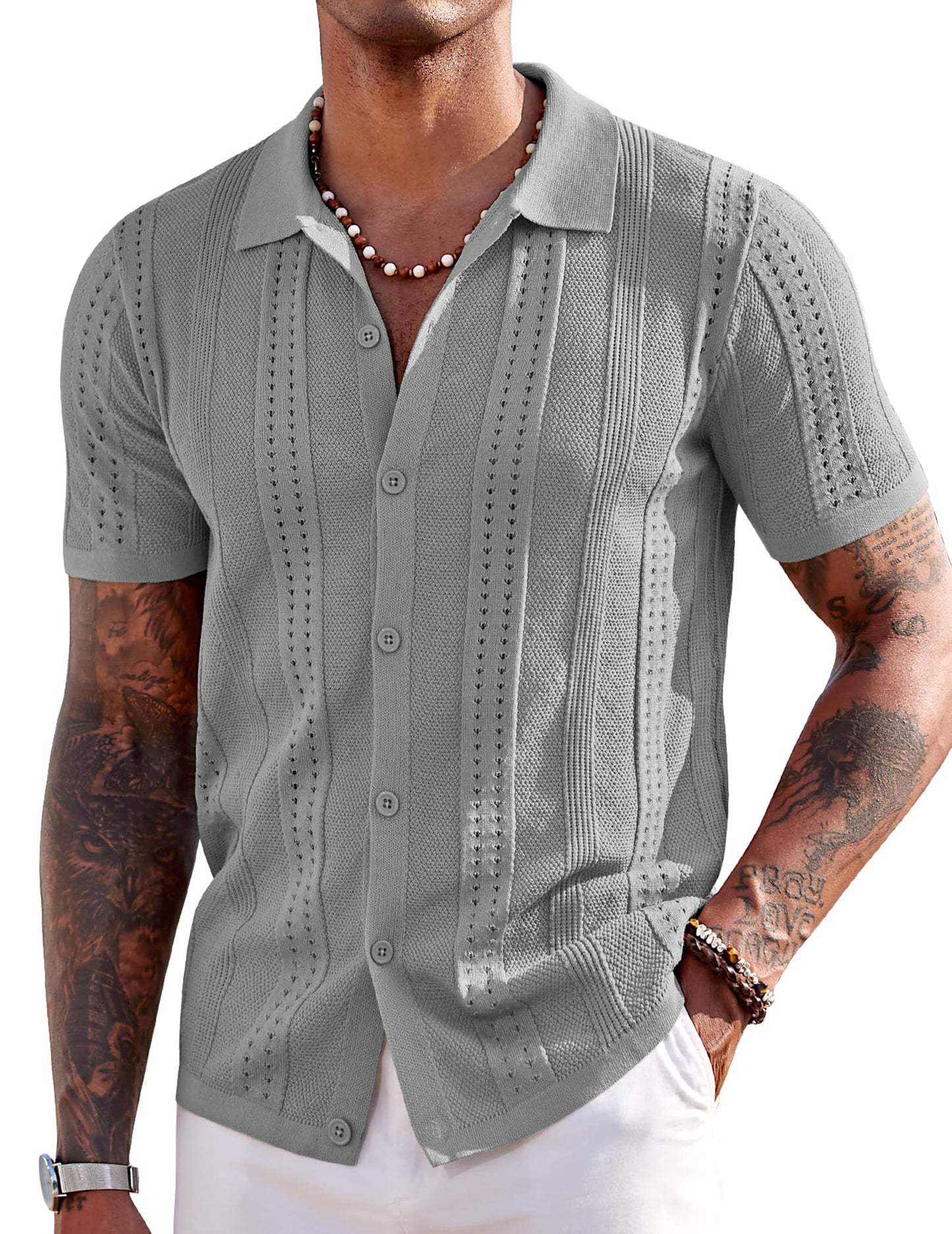 HOTCOOFANDY Men's Knit Shirts Short Sleeve Button Down Polo Shirt Fashion Casual Summer Beach Shirts