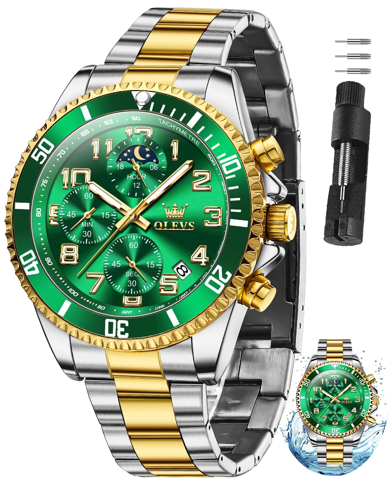 HOTOLEVS Watches for Men Stainless Steel Dress Men Watch with Date Big Face Chronograph Waterproof Luxury Fashion Watch Blue/Black/Gold/Green/Silver Face Relojes para Hombres