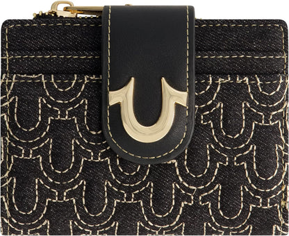 HOTTrue Religion Women's Mini Wallet, Black, One Size | Horseshoe Logo Small Compact Clutch Purse