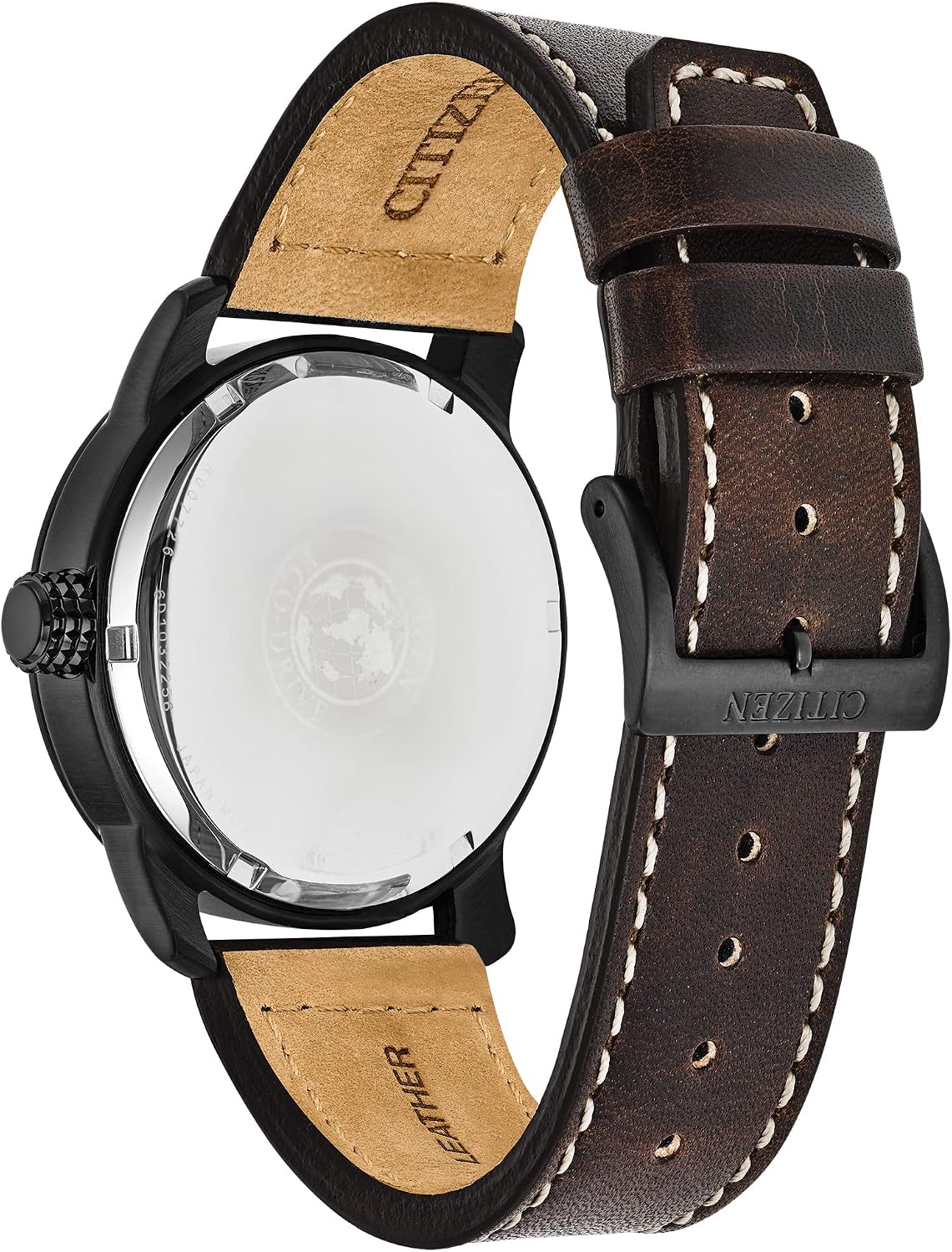 HOTCitizen Men's Eco-Drive Weekender Garrison Field Watch in Black Ion Plating Stainless Steel with Brown Leather Strap, Navy Dial (Model: BM8478-01L)