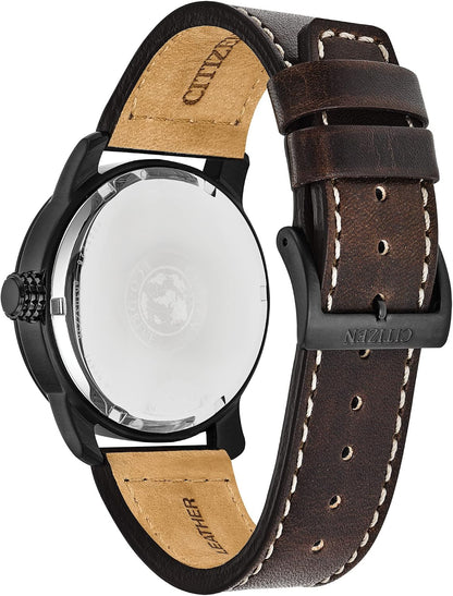 HOTCitizen Men's Eco-Drive Weekender Garrison Field Watch in Black Ion Plating Stainless Steel with Brown Leather Strap, Navy Dial (Model: BM8478-01L)