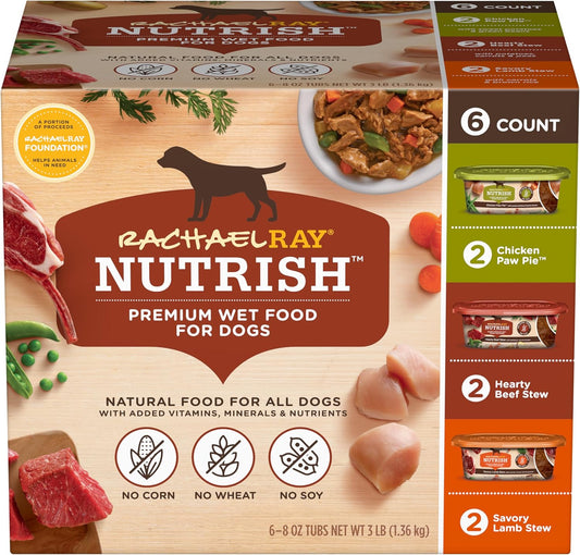 HOTNutrish Savory Favorites Wet Dog Food Variety Pack, 8 oz Tubs (Rachael Ray) | Pack of 6, Includes 3 Delicious Flavors of Chicken Paw Pie, Hearty Beef Stew & Savory Lamb Stew, No Artificial Flavors