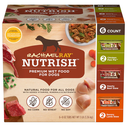 HOTNutrish Savory Favorites Wet Dog Food Variety Pack, 8 oz Tubs (Rachael Ray) | Pack of 6, Includes 3 Delicious Flavors of Chicken Paw Pie, Hearty Beef Stew & Savory Lamb Stew, No Artificial Flavors