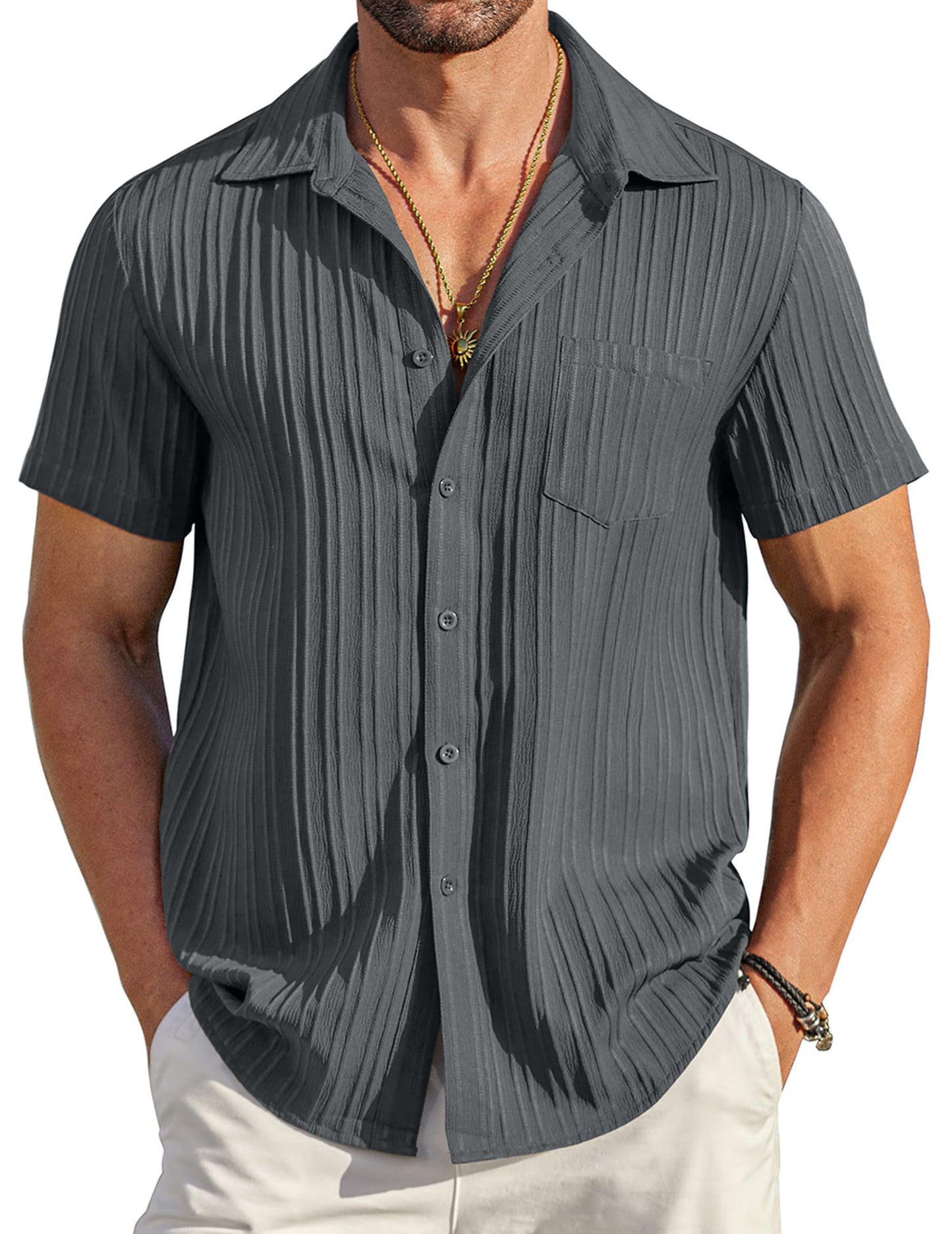 HOTCOOFANDY Men's Casual Button Down Shirts Short Sleeve Textured Summer Beach Shirt with Pocket