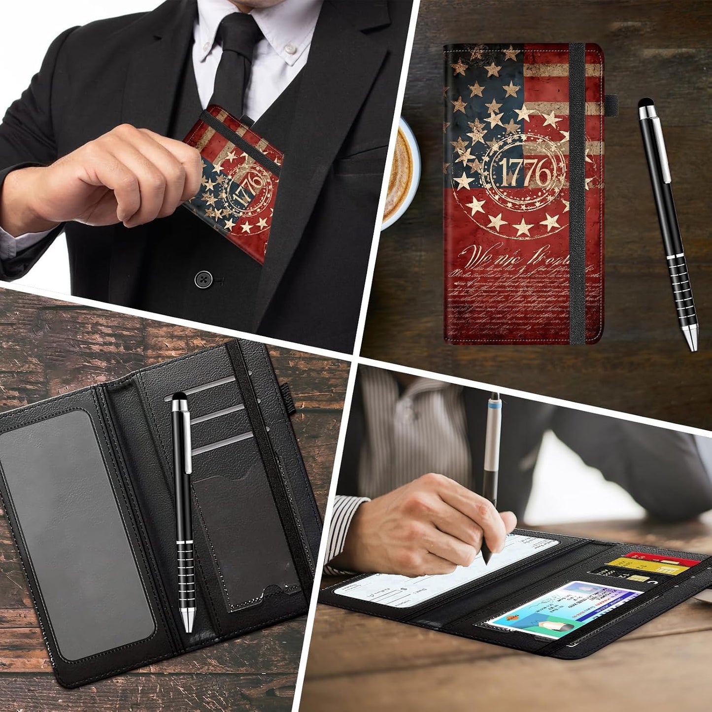HOTLeather Checkbook Cover Wallet for Women Men with Pen Holder, RFID Blocking Large Capacity for Personal Checks for Durable Checkbook Organizer with Register Holder, 1776 American Flag