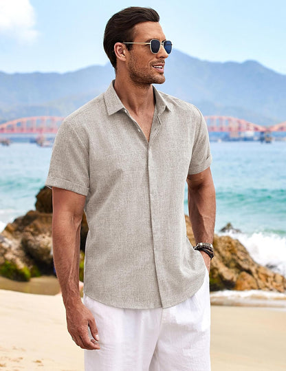 HOTCOOFANDY Men's Linen Shirts Short Sleeve Casual Shirts Button Down Shirt for Men Beach Summer Wedding Shirt