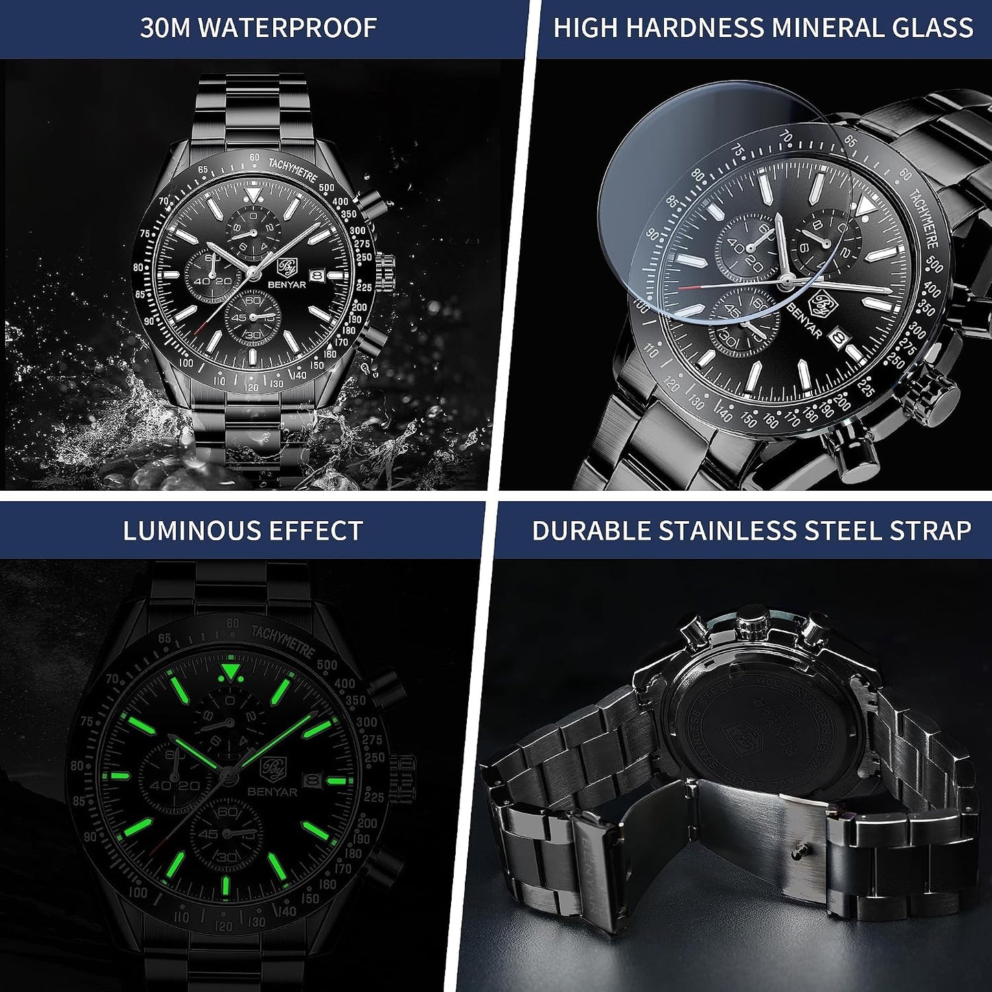 HOTBENYAR Watch for Men Analog Quartz Chronograph Waterproof Luminous Designer Mens Wrist Watches Business Work Sport Casual Dress Watch with Silicone Strap Elegant Gifts for Men