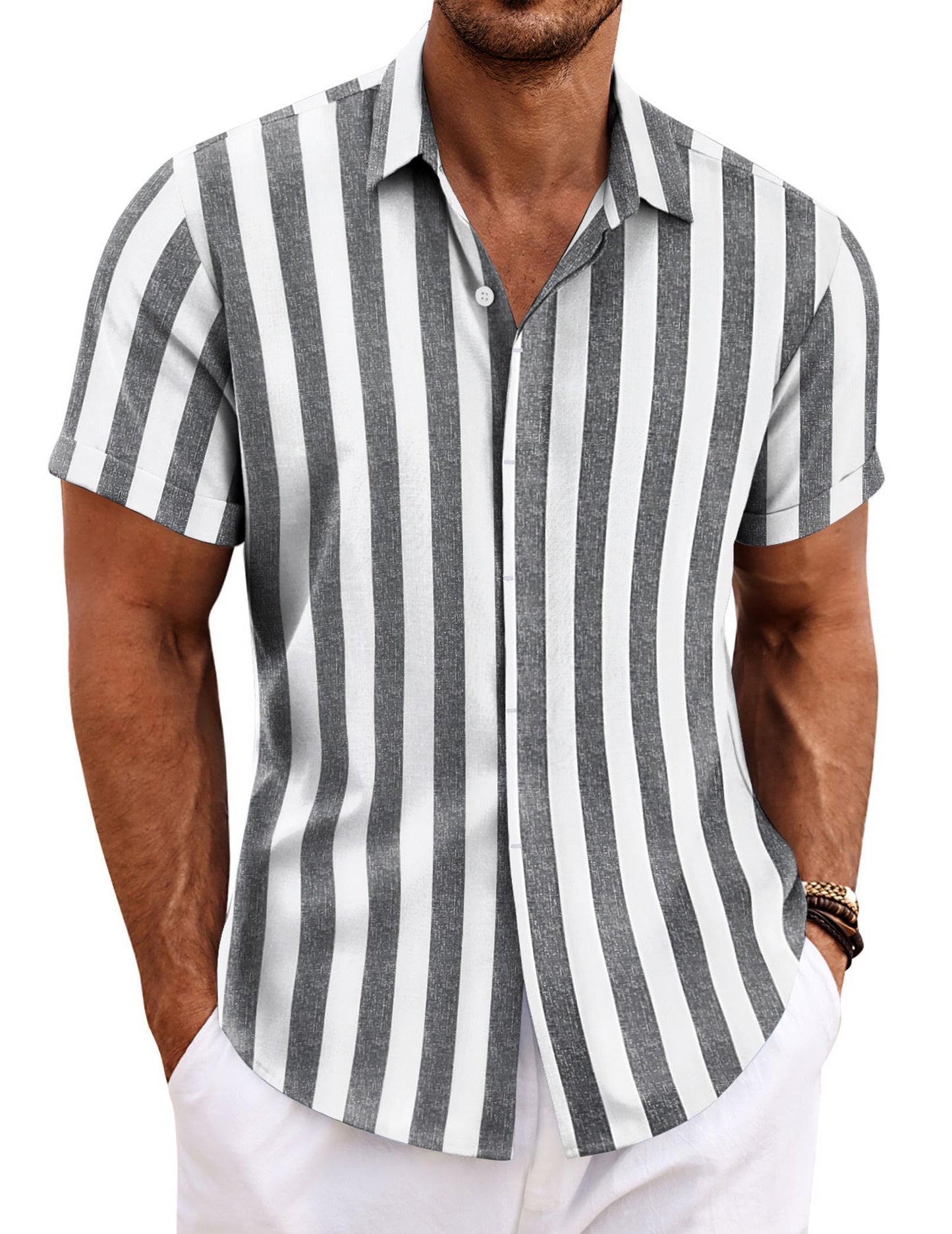 HOTCOOFANDY Men's Linen Shirts Short Sleeve Casual Shirts Button Down Shirt for Men Beach Summer Wedding Shirt