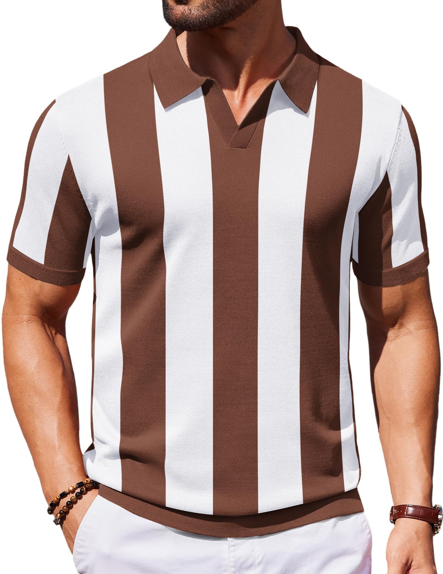 HOTCOOFANDY Men's V Neck Short Sleeve Stretch Knit Polo Shirt