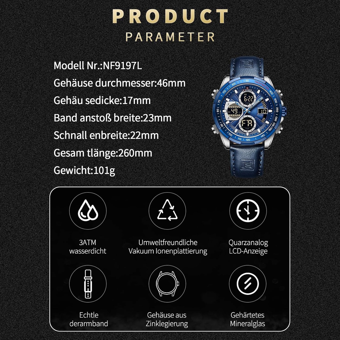 HOTNAVIFORCE Men's Military Digital Watches Analog Quartz Waterproof Watch Sport Multifunctional Leather Wristwatch