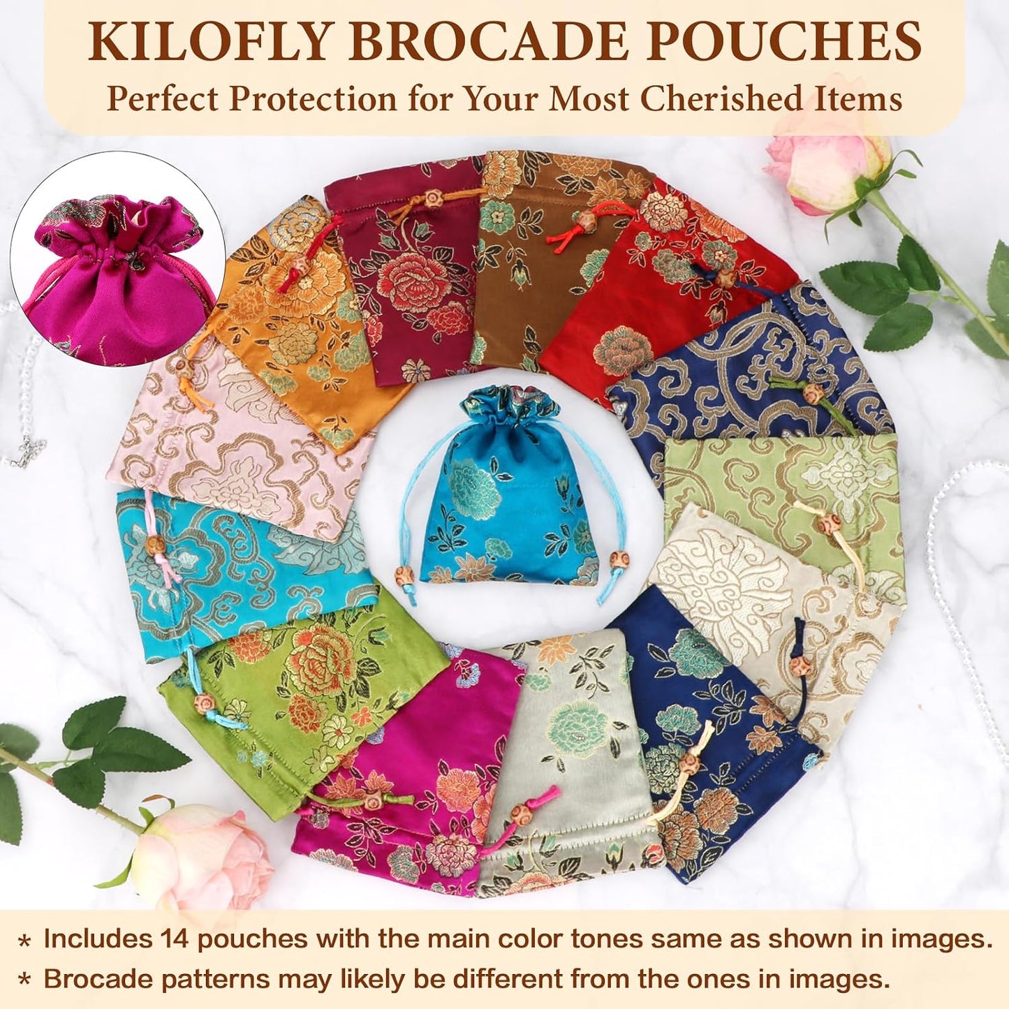HOTkilofly 14 pc Silk Brocade Jewelry Bag Double Layer Drawstring Coin Gift Pouch