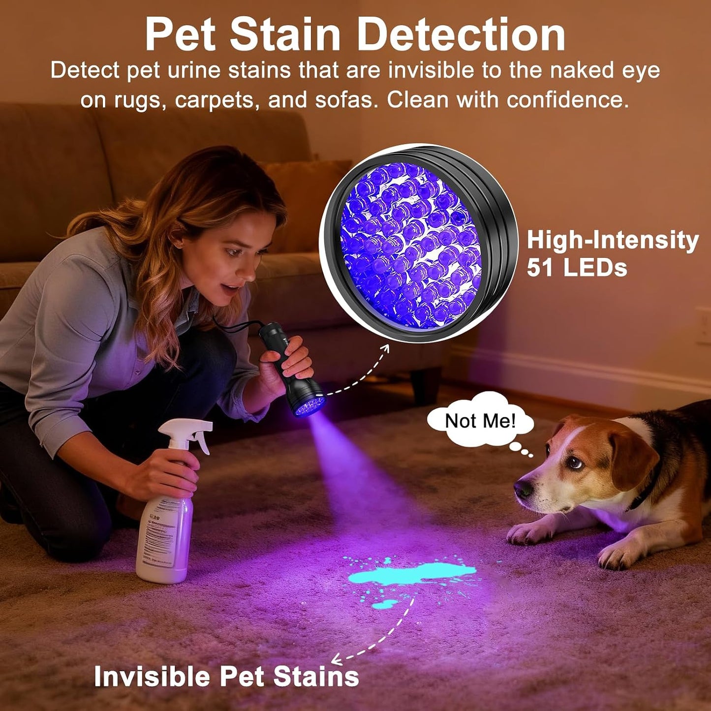 HOTVansky UV Flashlight Black Light, 51 LED Blacklight Pet Urine Detector for Dog/Cat Urine, Dry Stains, Bed Bug, Resin Curing, Scorpions Finder