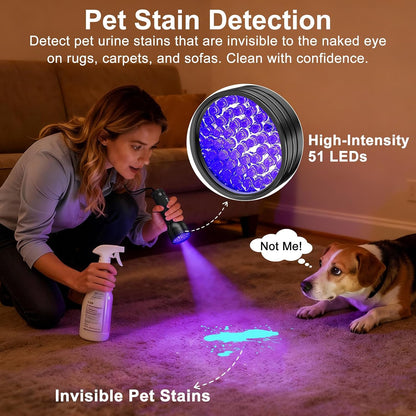 HOTVansky UV Flashlight Black Light, 51 LED Blacklight Pet Urine Detector for Dog/Cat Urine, Dry Stains, Bed Bug, Resin Curing, Scorpions Finder