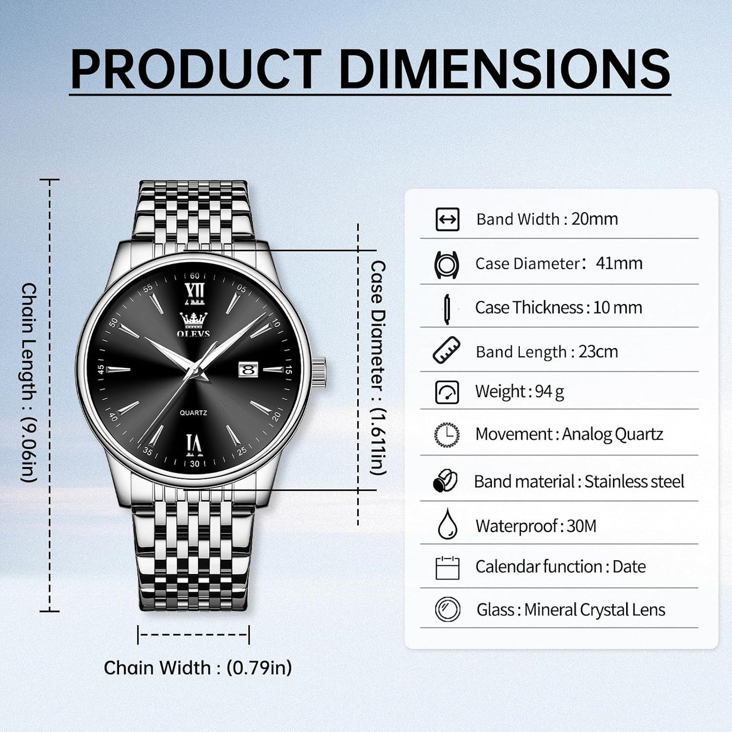 HOTOLEVS Men's Watch,Classic Silver Watches for Men, Waterproof Stainless Steel Roman Numbers Men's Watch Easy to Read