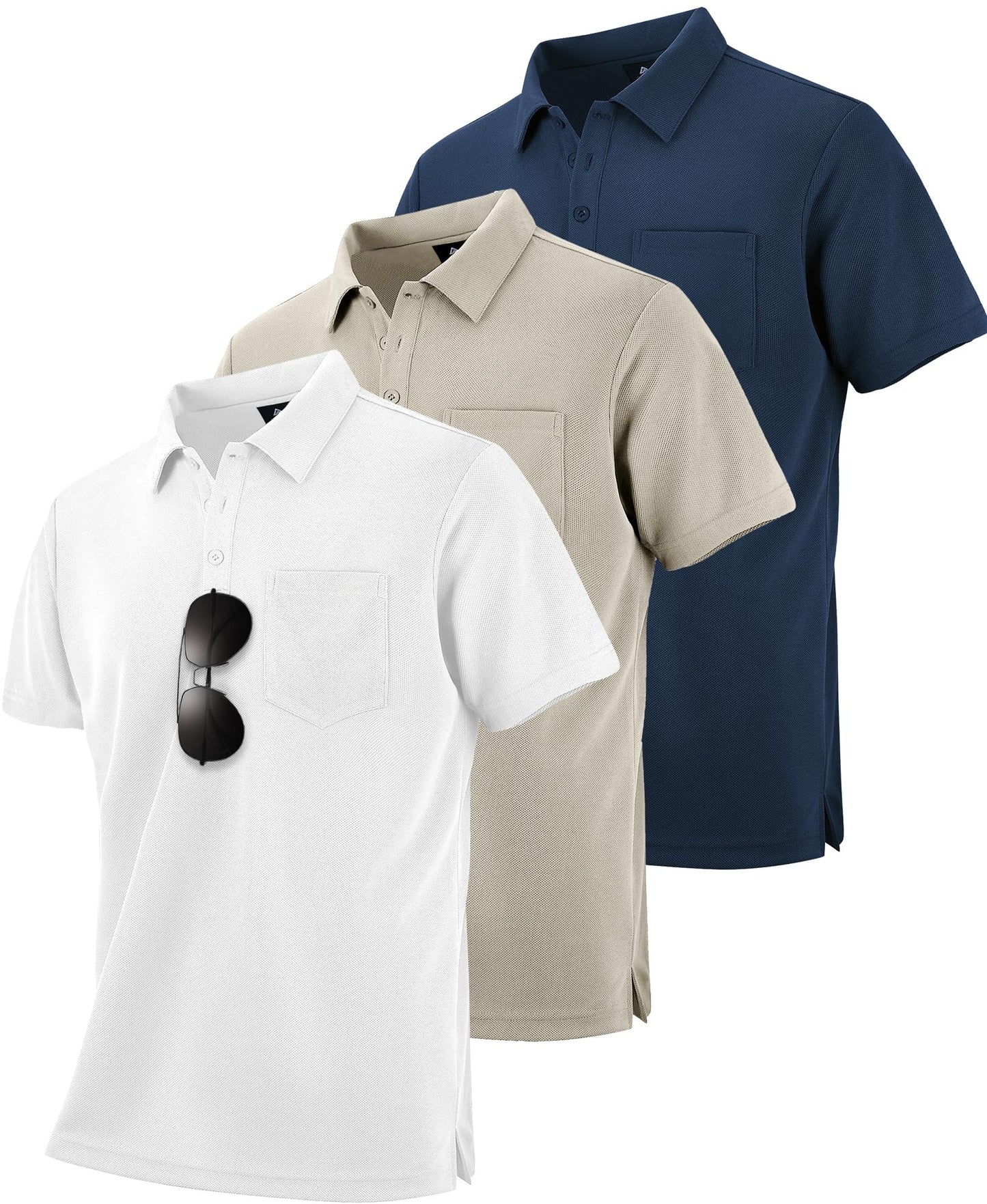 HOTZITY Men's 3 Pack Polo Shirts Short Sleeve with Pocket Moisture Wicking Casual Work Golf Lightweight Collared T-Shirts