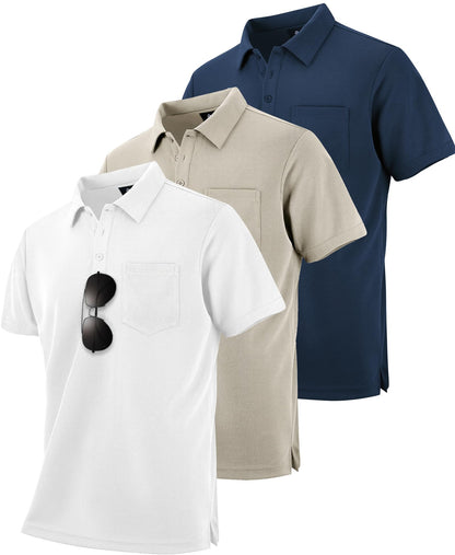 HOTZITY Men's 3 Pack Polo Shirts Short Sleeve with Pocket Moisture Wicking Casual Work Golf Lightweight Collared T-Shirts