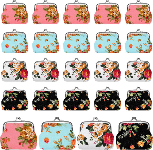 HOT24pcs Canvas Floral Coin Purses, Vintage Kiss Lock Canvas Floral Buckle Coin Purse Change Purses for Women, 4 X 3 Inch Fabric Coins Purse Rose Flower Wallet for Women, Bulk Small Wallets Party Favors