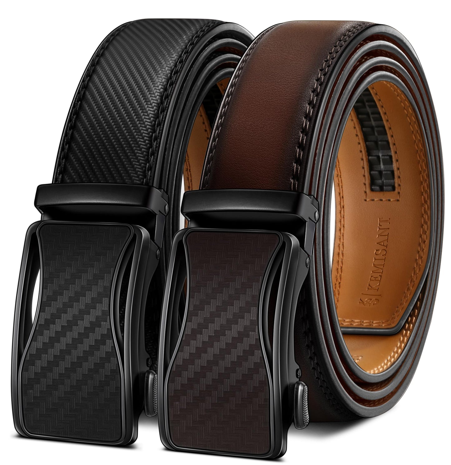HOTKEMISANT Ratchet Belt For Men 2 Pack,Slide Leather Belt Adjustable For Gift Men Dress Casual Pants Jeans-Cut For Fit