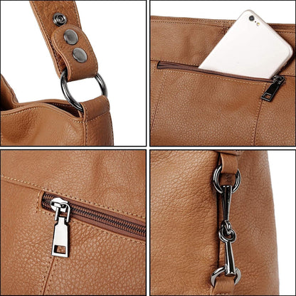 HOTYALUXE Bundle Women's Real Leather Handbags Purses and RFID Protected Card Wallets Brown 1
