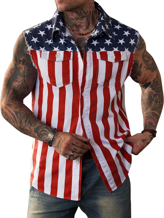 HOTMainfini Men's American Flag Denim Vest 4th of July Sleeveless Jacket With Pockets (S-XXL)