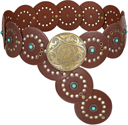 HOTXZQTIVE Western PU Leather Belts for Woman Concho Cowgirl Cowboy Disc Belt for Ladies Wide Boho Country Waist Belts for Dress
