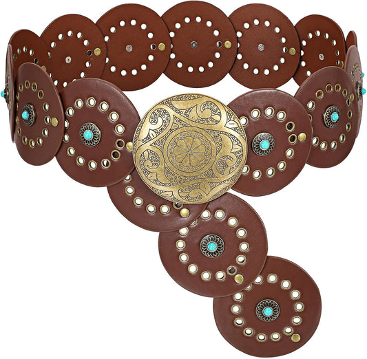 HOTXZQTIVE Western PU Leather Belts for Woman Concho Cowgirl Cowboy Disc Belt for Ladies Wide Boho Country Waist Belts for Dress