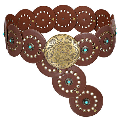 HOTXZQTIVE Western PU Leather Belts for Woman Concho Cowgirl Cowboy Disc Belt for Ladies Wide Boho Country Waist Belts for Dress