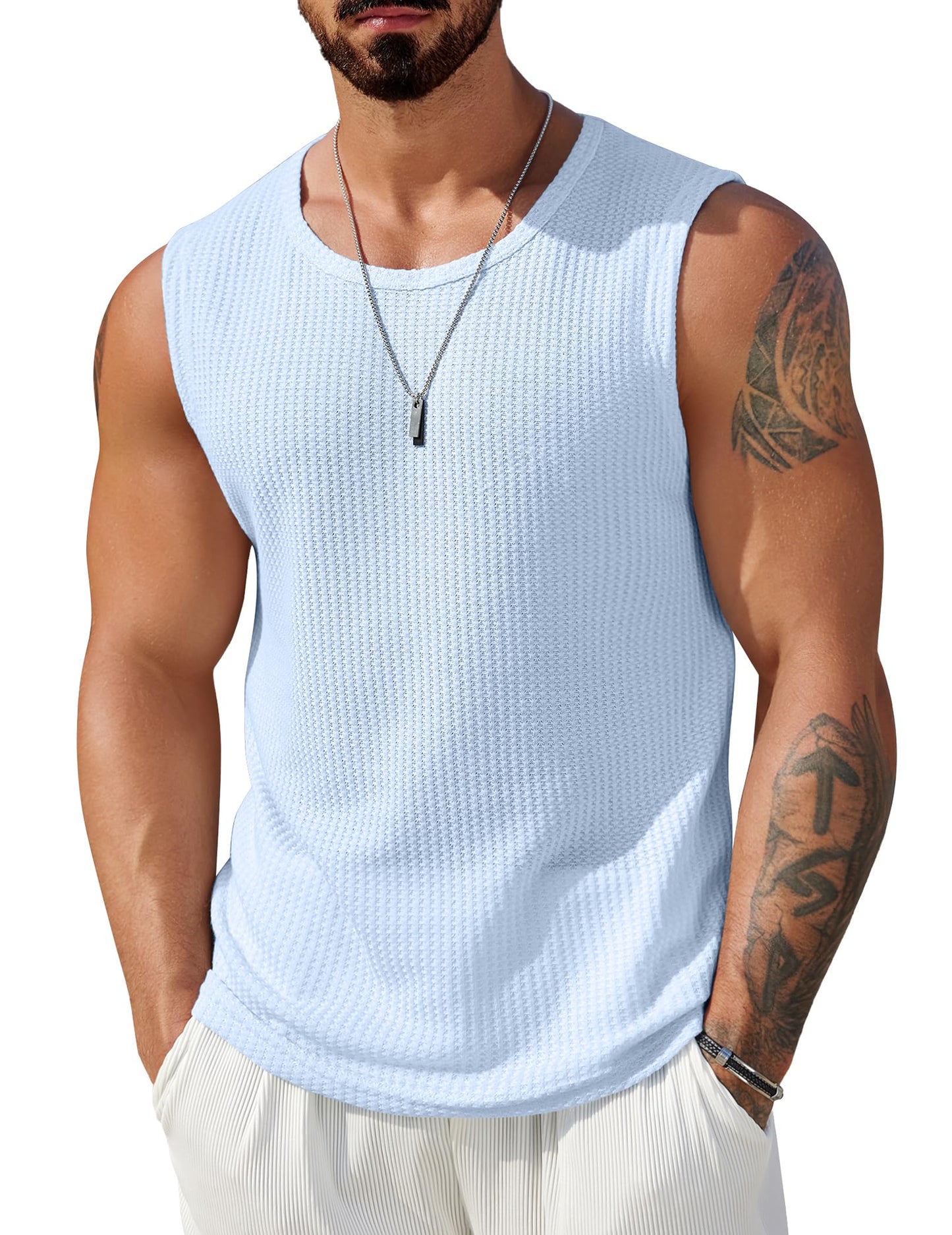 HOTCOOFANDY Mens Casual Tank Tops 2 Pack Waffle Knit Sleeveless Shirt Breathable Tank Shirts Summer Muscle Tee