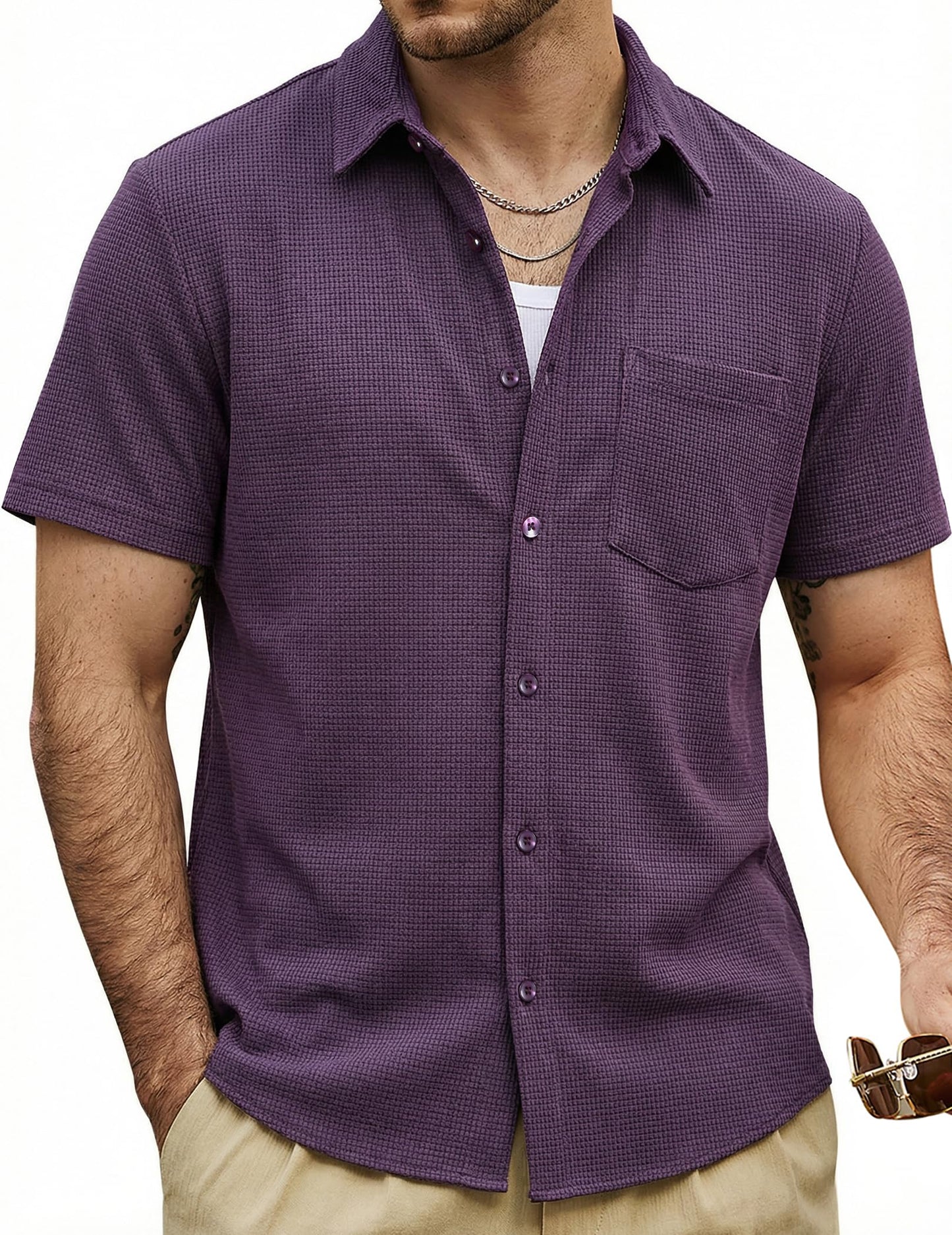 HOTVATPAVE Mens Casual Waffle Shirt Short Sleeve Button Down Summer Shirts | Beach, Untucked, Camp, Daily, Work, Family Photo, Old Money, Vacation, Collared, Wedding, Date, Cruise, Going Out, Pocket