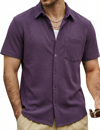 HOTVATPAVE Mens Casual Waffle Shirt Short Sleeve Button Down Summer Shirts | Beach, Untucked, Camp, Daily, Work, Family Photo, Old Money, Vacation, Collared, Wedding, Date, Cruise, Going Out, Pocket